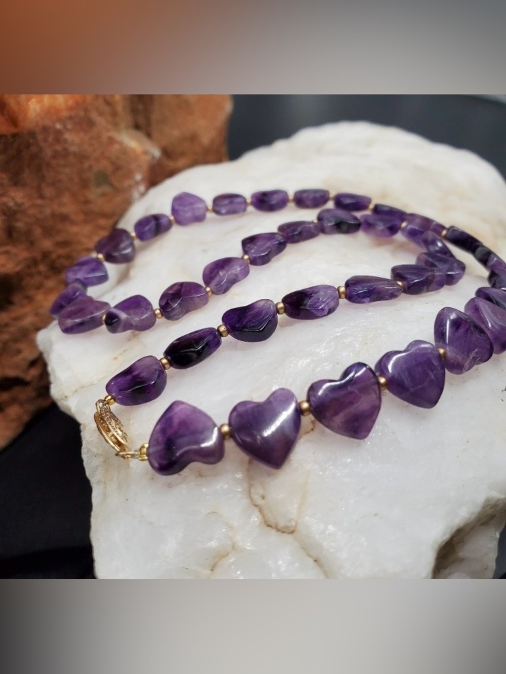Genuine Amethyst Stone  Heart Necklace with Solid 14K Gold Clasp - Picture 2 of 8